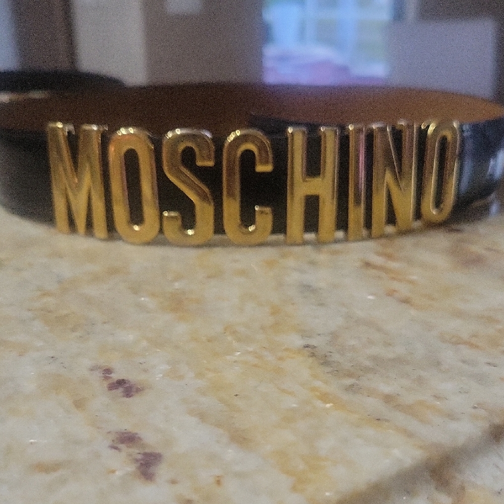 Moschino Glossy Black Belt with Gold Logo